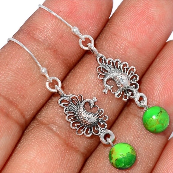 STERLING Silver Kingman Green Mojave Turquoise Drop Peacock Earrings - Picture 3 of 3